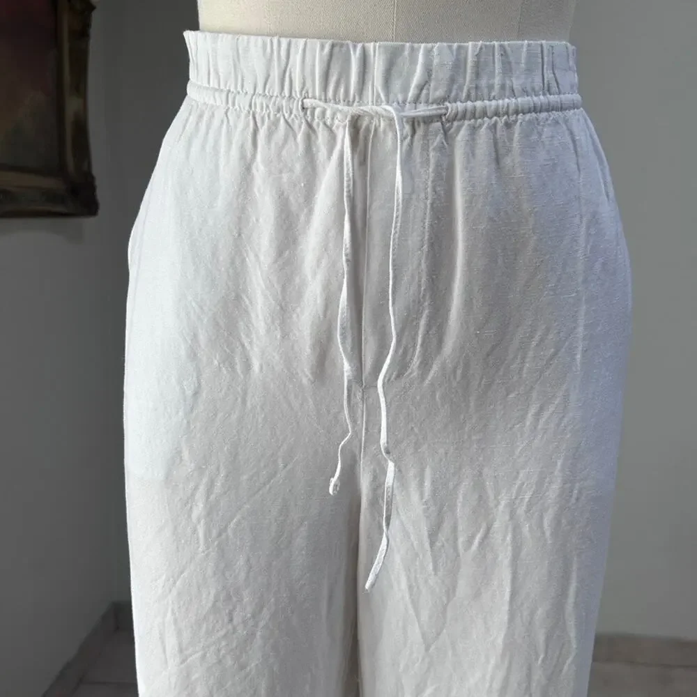Wide Leg Pull On Tie Waste Linen Pants Pockets Lightweight Capsule White Women M